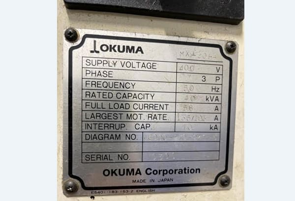 Okuma MA-40HA Twin Pallet Horizontal Machining Centre in a clean workshop environment, featuring a beige and blue body with a front viewing window and integrated control panel.